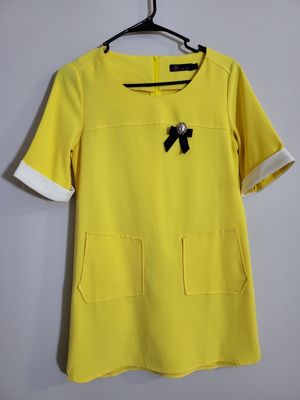 Yellow Short Sleeve Mini Dress with Bow Accent